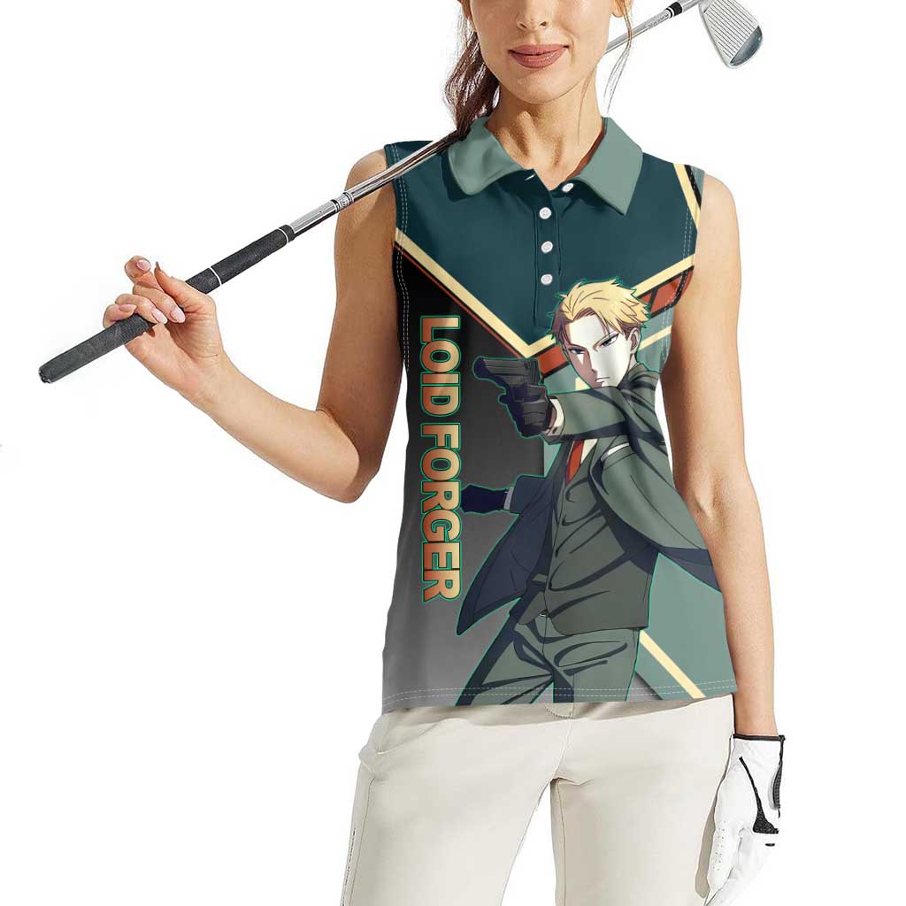 Loid Forger Spy x Family Green and Black Theme Women Sleeveless Polo Shirt with Gun Pose and Sharp Agent Style Design - The Mazicc