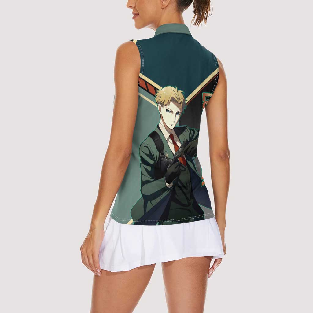Loid Forger Spy x Family Green and Black Theme Women Sleeveless Polo Shirt with Gun Pose and Sharp Agent Style Design - The Mazicc