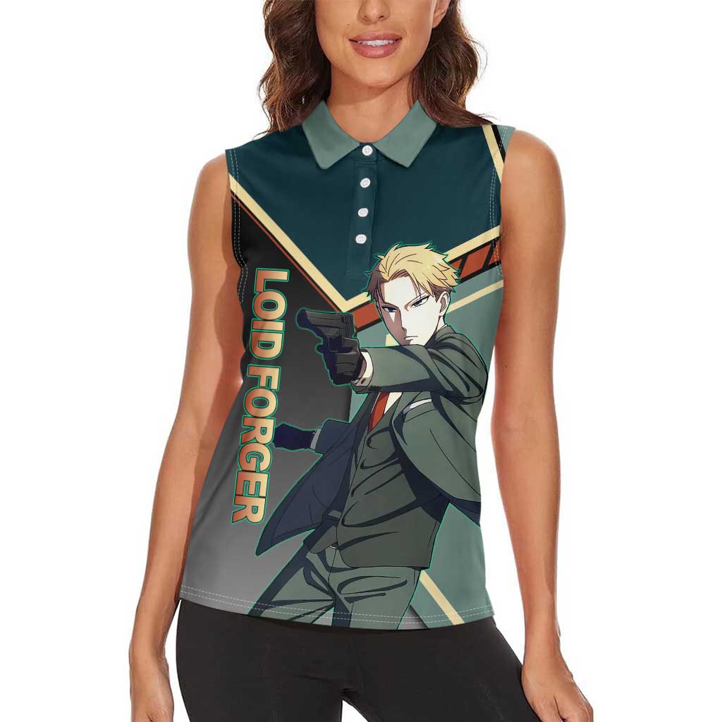 Loid Forger Spy x Family Green and Black Theme Women Sleeveless Polo Shirt with Gun Pose and Sharp Agent Style Design - The Mazicc