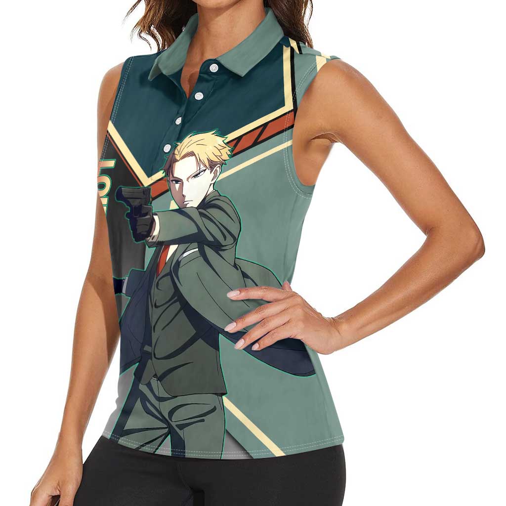 Loid Forger Spy x Family Green and Black Theme Women Sleeveless Polo Shirt with Gun Pose and Sharp Agent Style Design - The Mazicc