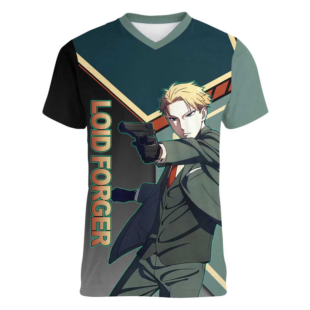 Loid Forger Spy x Family Green and Black Theme Women V-Neck T-Shirt with Gun Pose and Sharp Agent Style Design - The Mazicc