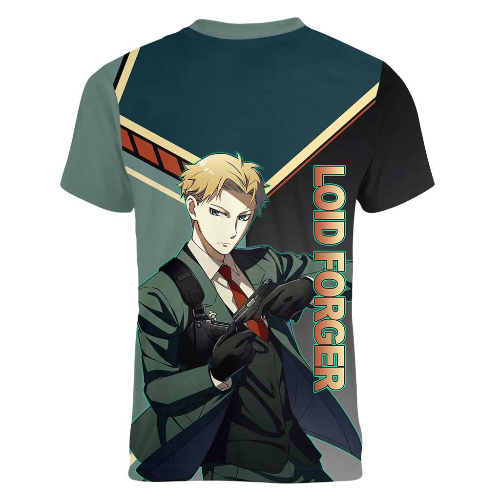 Loid Forger Spy x Family Green and Black Theme Women V-Neck T-Shirt with Gun Pose and Sharp Agent Style Design - The Mazicc