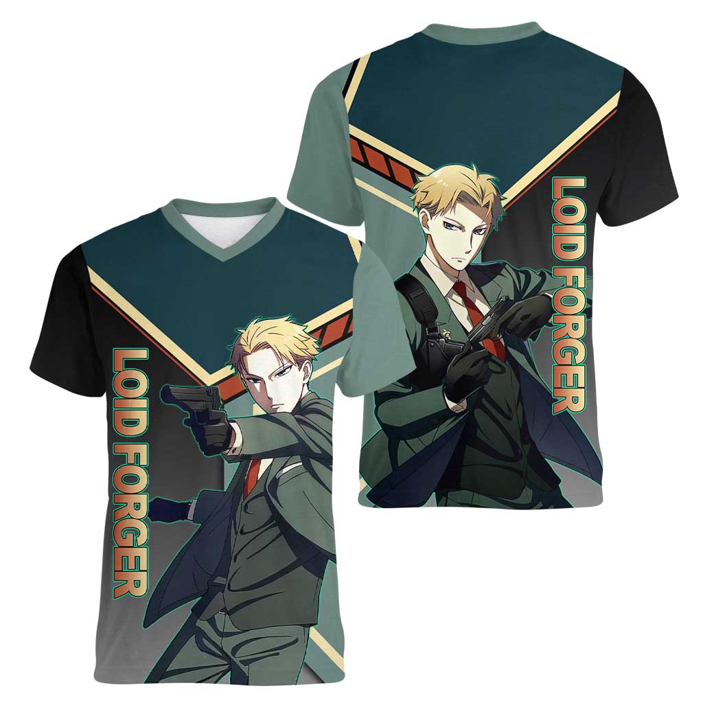 Loid Forger Spy x Family Green and Black Theme Women V-Neck T-Shirt with Gun Pose and Sharp Agent Style Design - The Mazicc