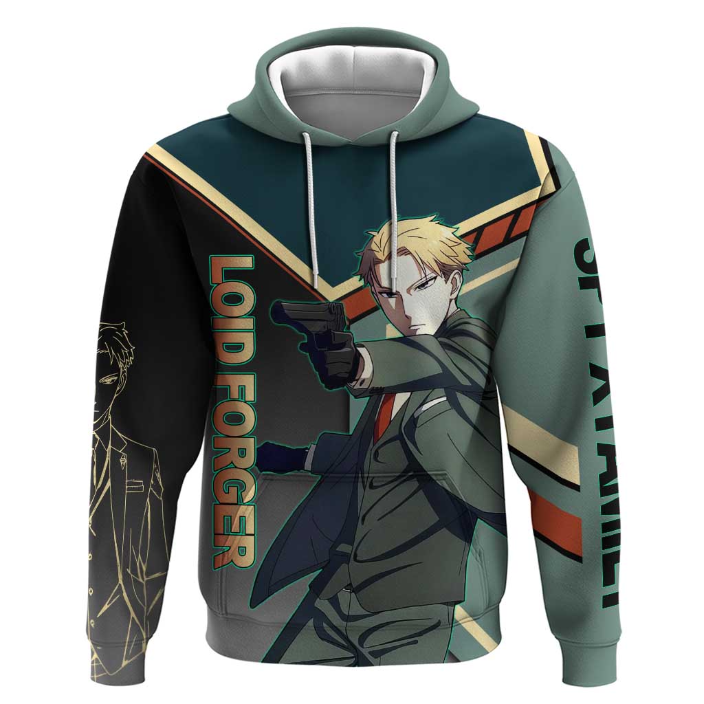 Loid Forger Spy x Family Green and Black Theme Zip Hoodie with Gun Pose and Sharp Agent Style Design - The Mazicc