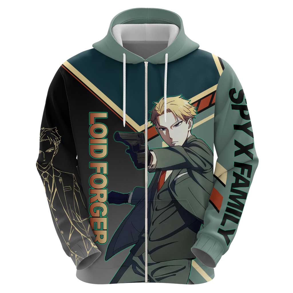 Loid Forger Spy x Family Green and Black Theme Zip Hoodie with Gun Pose and Sharp Agent Style Design - The Mazicc