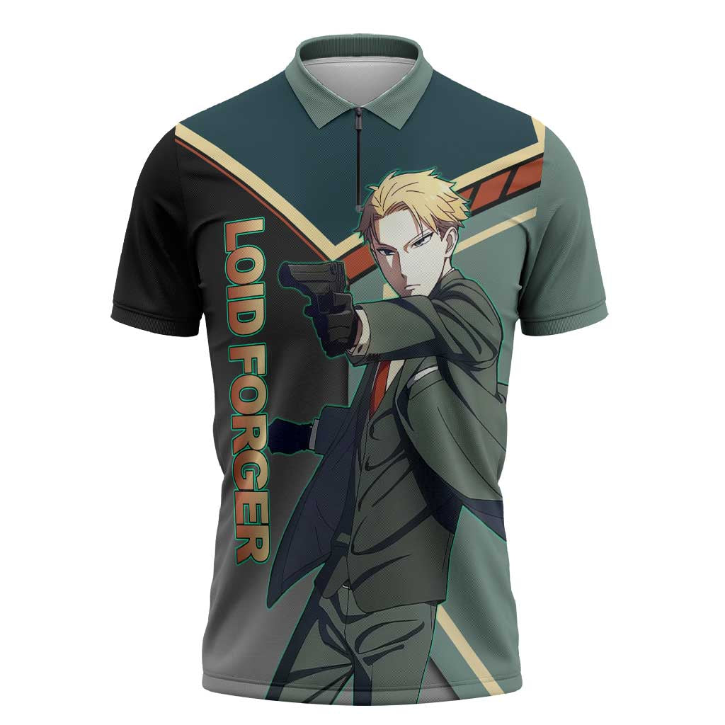 Loid Forger Spy x Family Green and Black Theme Zipper Polo Shirt with Gun Pose and Sharp Agent Style Design - The Mazicc