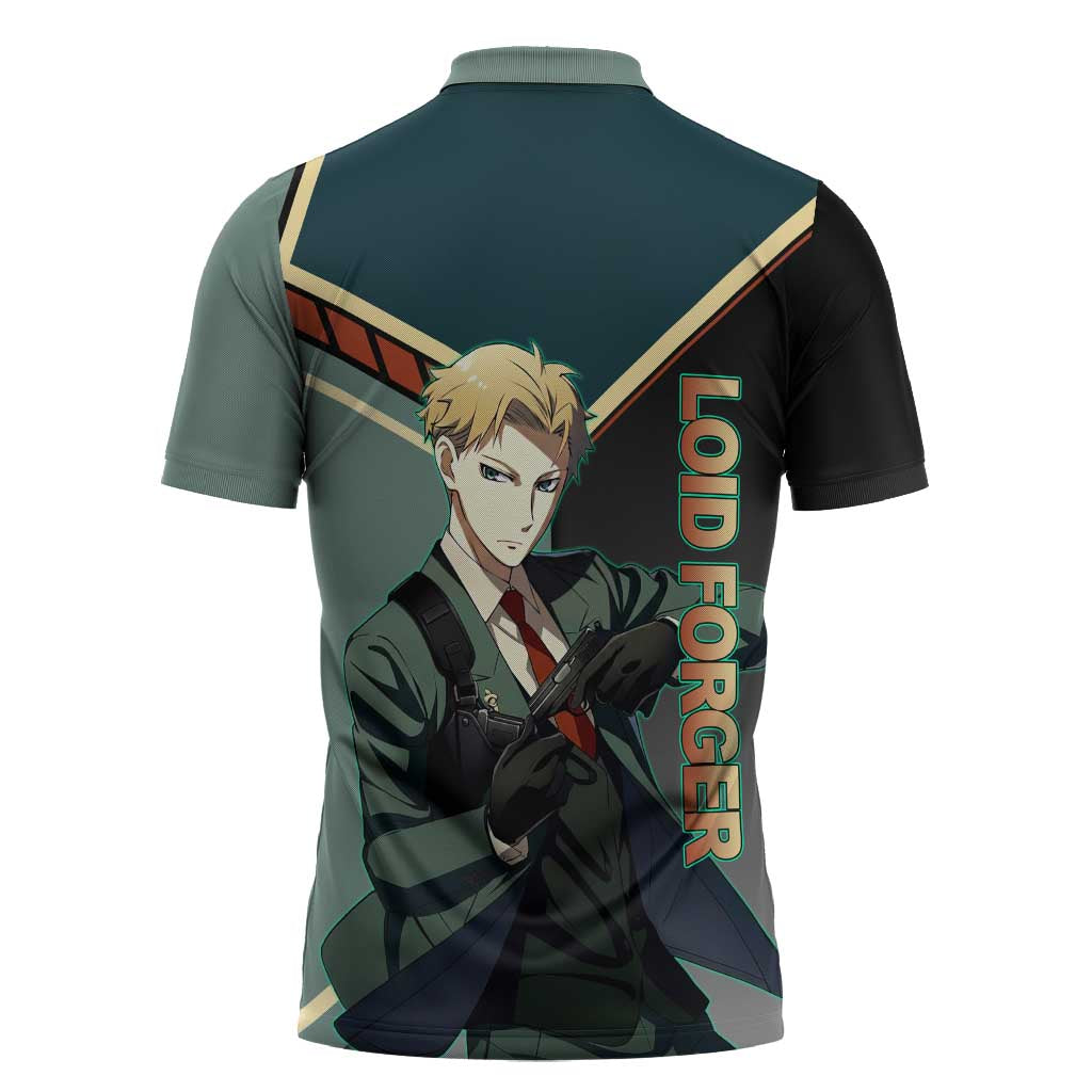 Loid Forger Spy x Family Green and Black Theme Zipper Polo Shirt with Gun Pose and Sharp Agent Style Design - The Mazicc