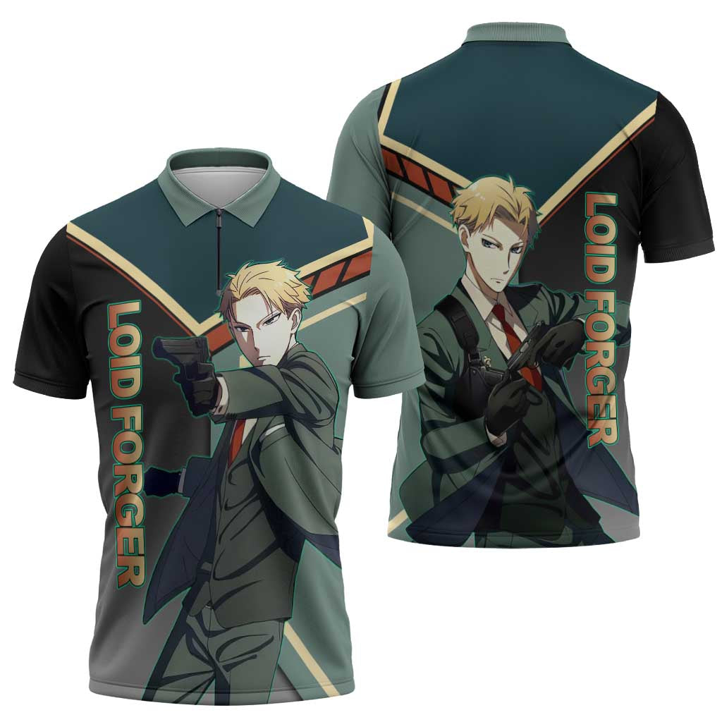 Loid Forger Spy x Family Green and Black Theme Zipper Polo Shirt with Gun Pose and Sharp Agent Style Design - The Mazicc
