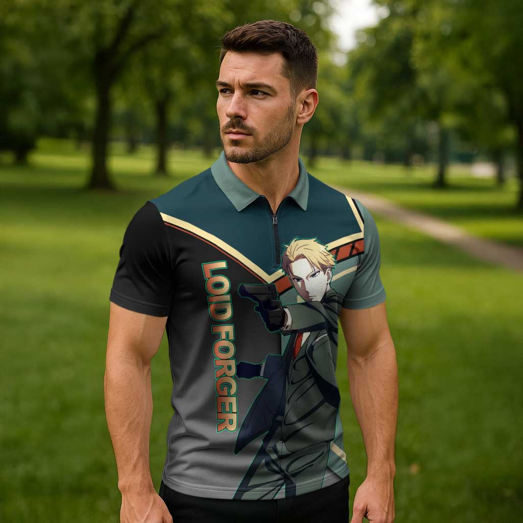 Loid Forger Spy x Family Green and Black Theme Zipper Polo Shirt with Gun Pose and Sharp Agent Style Design - The Mazicc