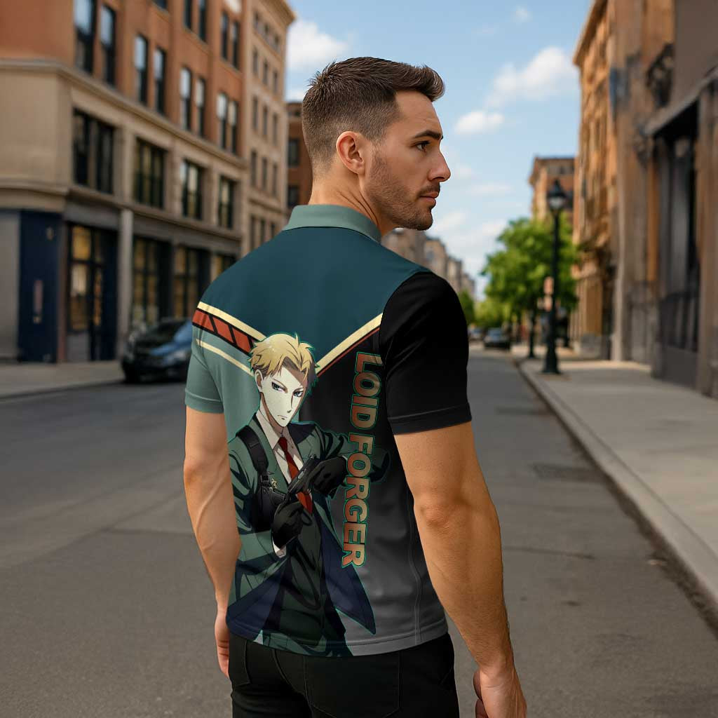 Loid Forger Spy x Family Green and Black Theme Zipper Polo Shirt with Gun Pose and Sharp Agent Style Design - The Mazicc