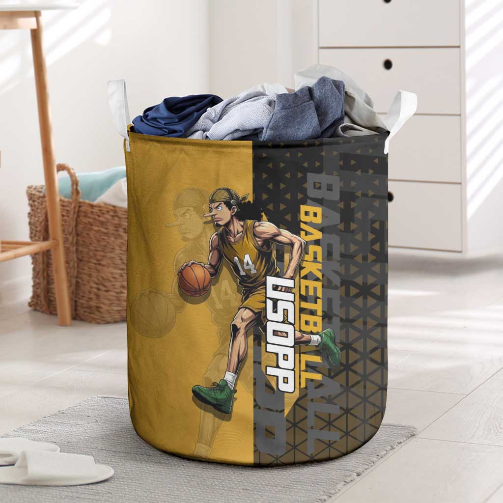 Usopp One Piece Basketball Theme Yellow and Black Design Laundry Basket with Sniper Emblem and Action Pose - The Mazicc