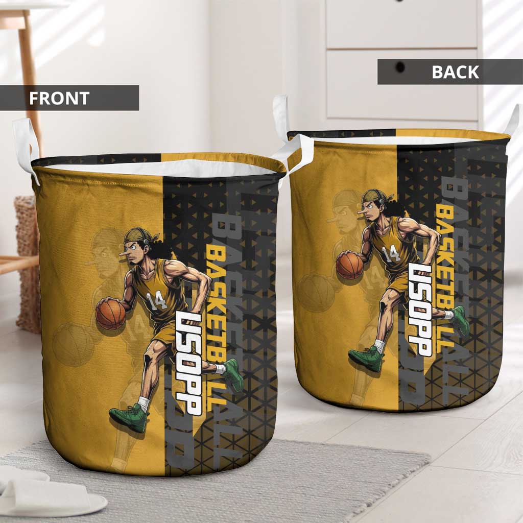 Usopp One Piece Basketball Theme Yellow and Black Design Laundry Basket with Sniper Emblem and Action Pose - The Mazicc