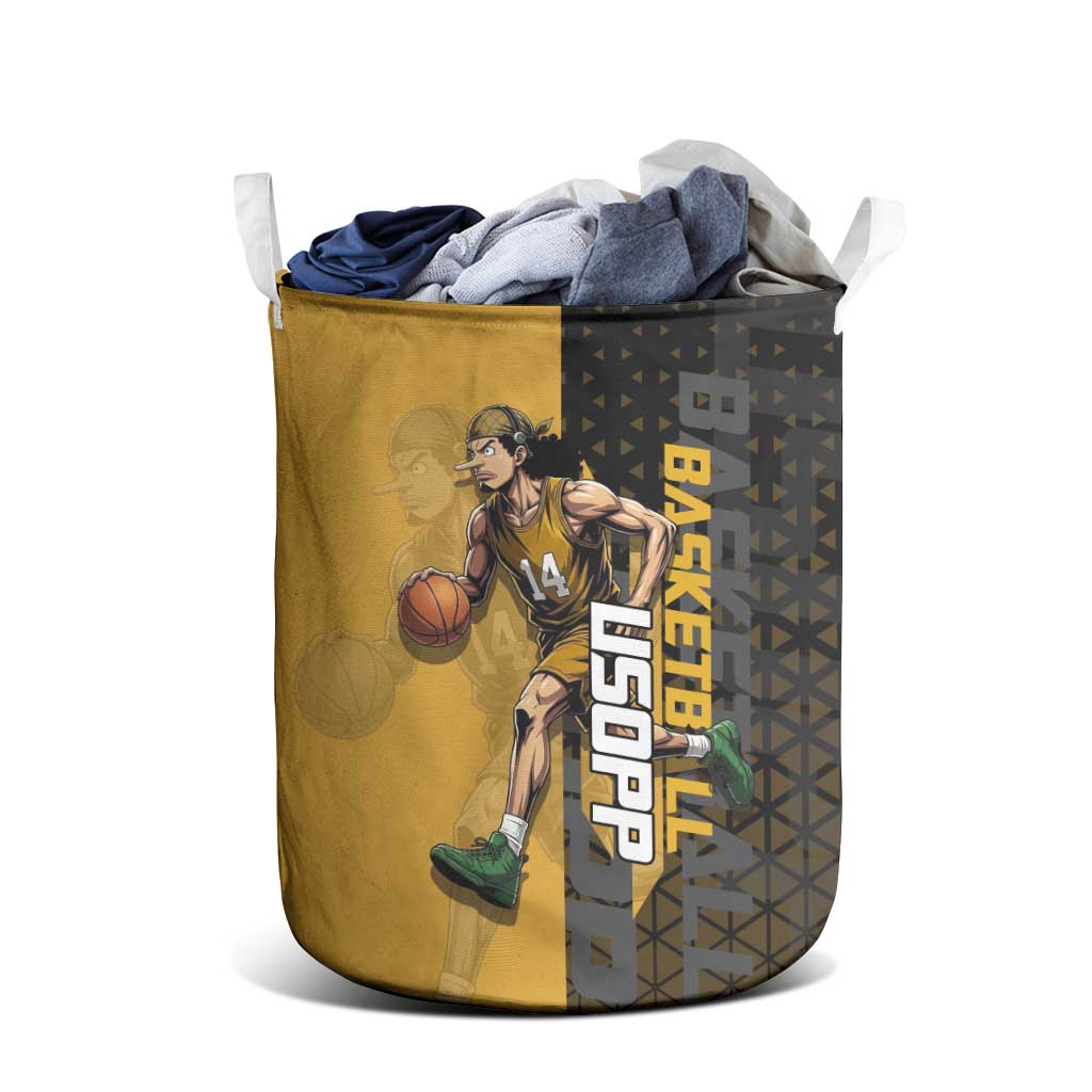 Usopp One Piece Basketball Theme Yellow and Black Design Laundry Basket with Sniper Emblem and Action Pose - The Mazicc