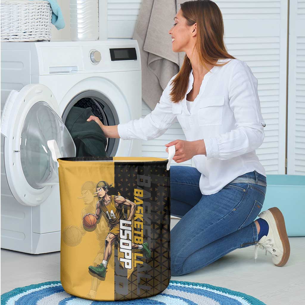 Usopp One Piece Basketball Theme Yellow and Black Design Laundry Basket with Sniper Emblem and Action Pose - The Mazicc