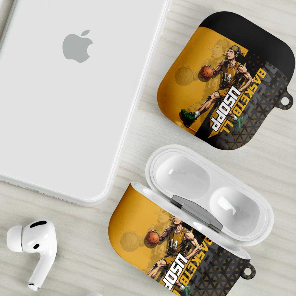 Usopp One Piece Basketball Theme Yellow and Black Design AirPods Case with Sniper Emblem and Action Pose - The Mazicc