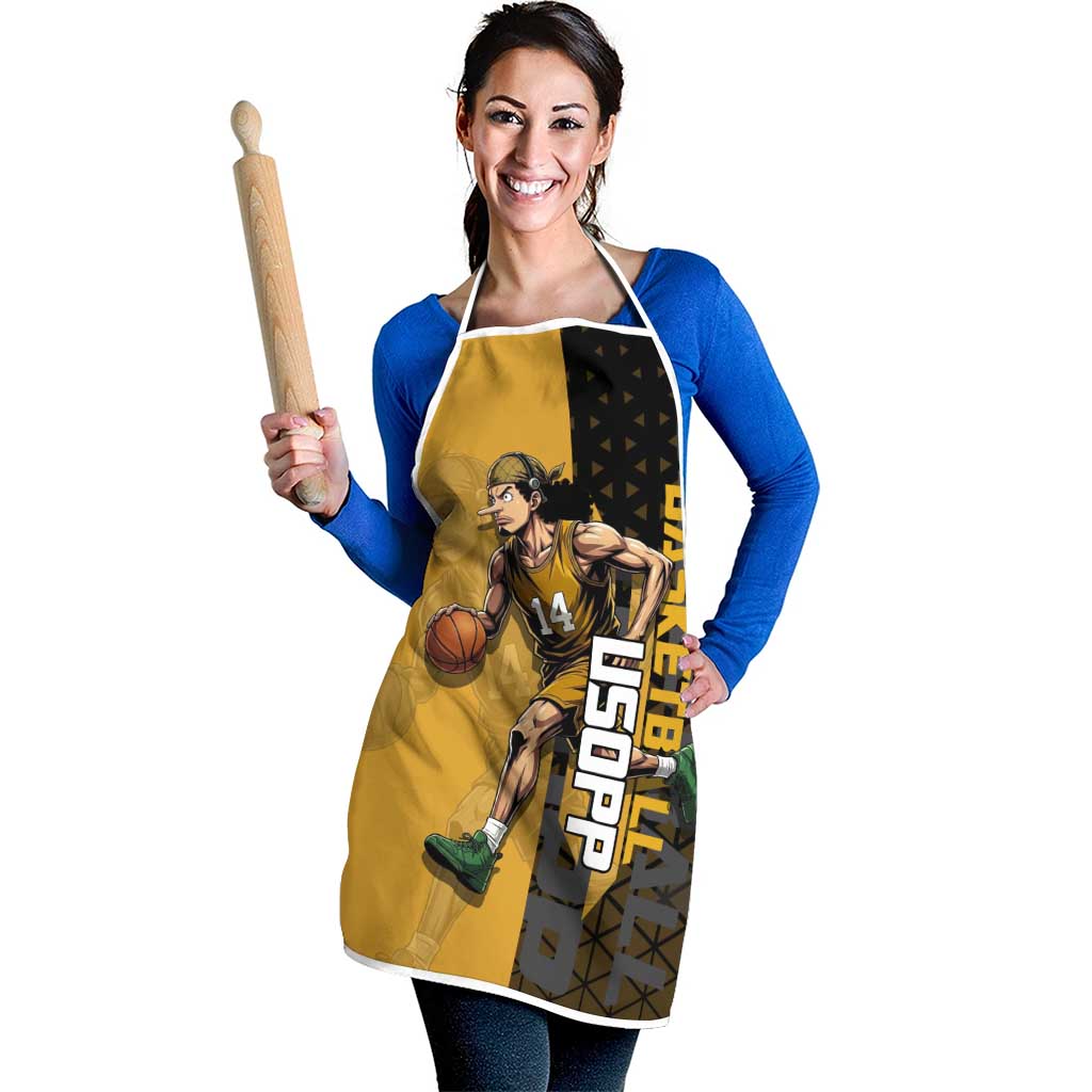 Usopp One Piece Basketball Theme Yellow and Black Design Apron with Sniper Emblem and Action Pose - The Mazicc
