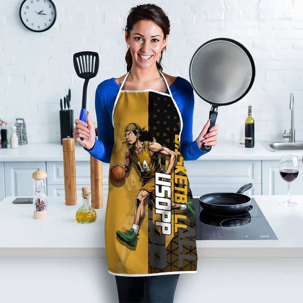 Usopp One Piece Basketball Theme Yellow and Black Design Apron with Sniper Emblem and Action Pose - The Mazicc