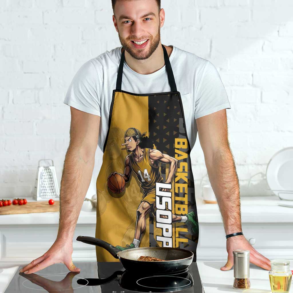 Usopp One Piece Basketball Theme Yellow and Black Design Apron with Sniper Emblem and Action Pose - The Mazicc