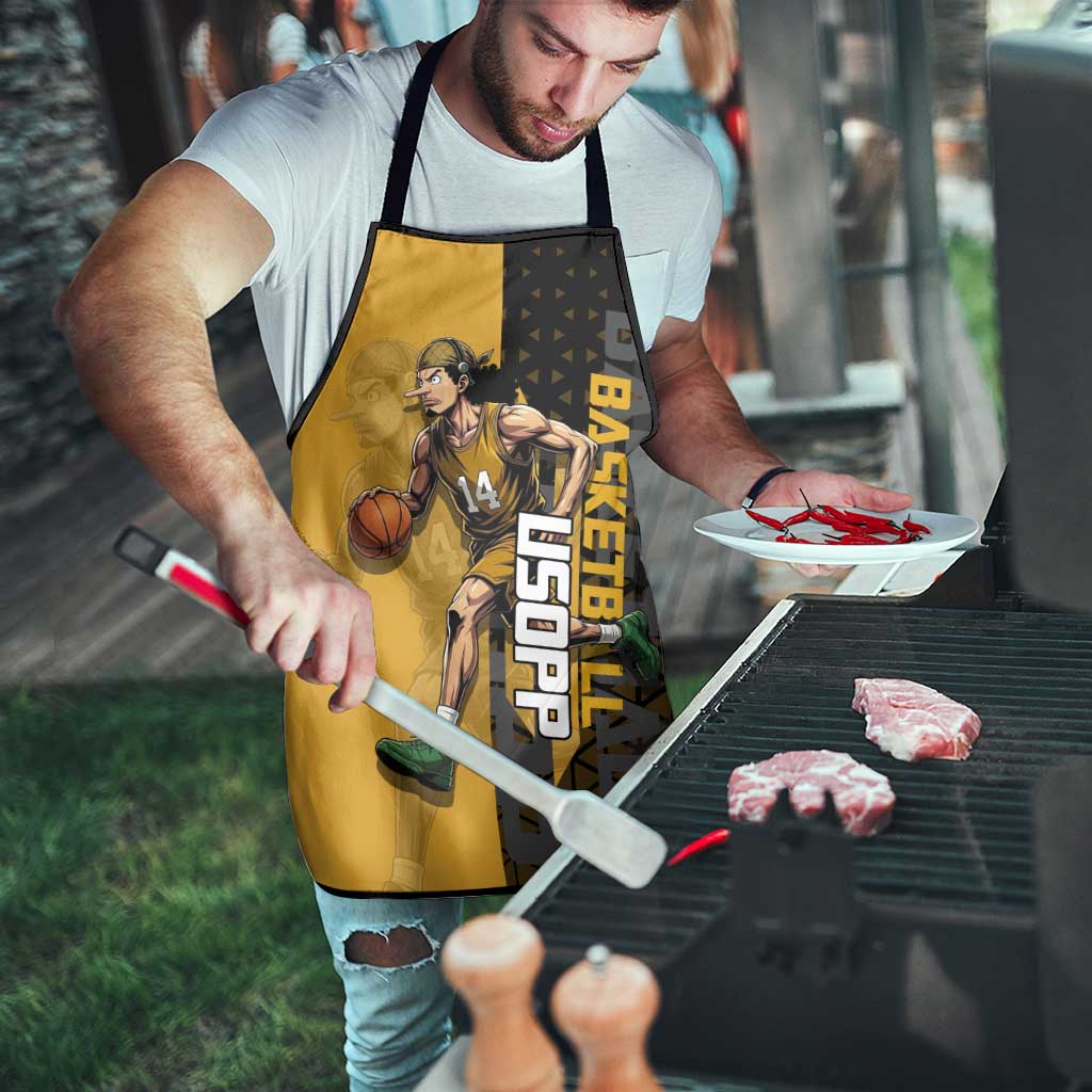 Usopp One Piece Basketball Theme Yellow and Black Design Apron with Sniper Emblem and Action Pose - The Mazicc