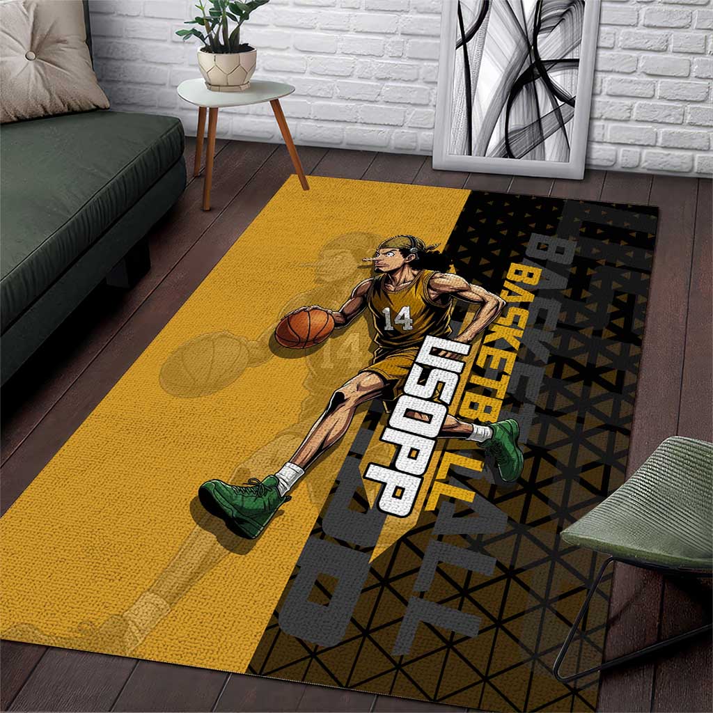 Usopp One Piece Basketball Theme Yellow and Black Design Area Rug with Sniper Emblem and Action Pose - The Mazicc