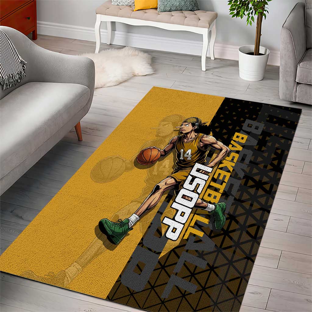 Usopp One Piece Basketball Theme Yellow and Black Design Area Rug with Sniper Emblem and Action Pose - The Mazicc