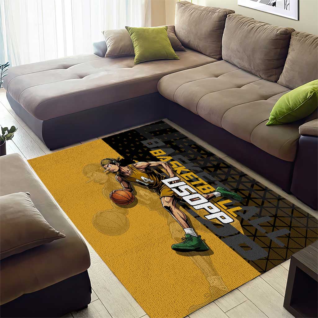 Usopp One Piece Basketball Theme Yellow and Black Design Area Rug with Sniper Emblem and Action Pose - The Mazicc