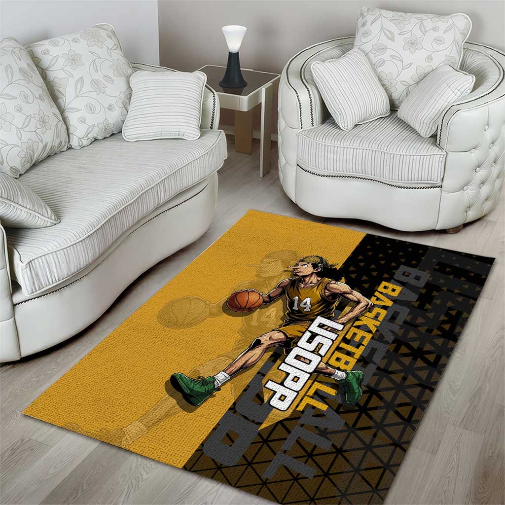 Usopp One Piece Basketball Theme Yellow and Black Design Area Rug with Sniper Emblem and Action Pose - The Mazicc