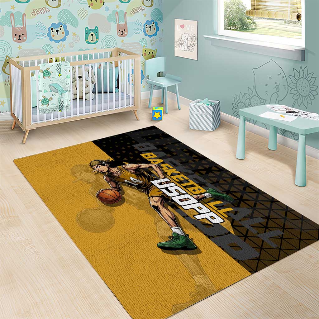 Usopp One Piece Basketball Theme Yellow and Black Design Area Rug with Sniper Emblem and Action Pose - The Mazicc