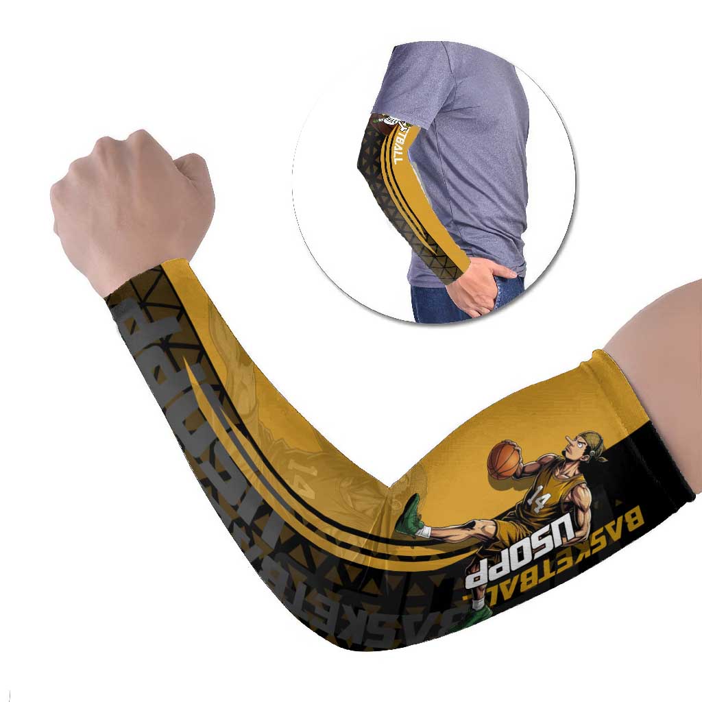 Usopp One Piece Basketball Theme Yellow and Black Design Arm Sleeves with Sniper Emblem and Action Pose - The Mazicc