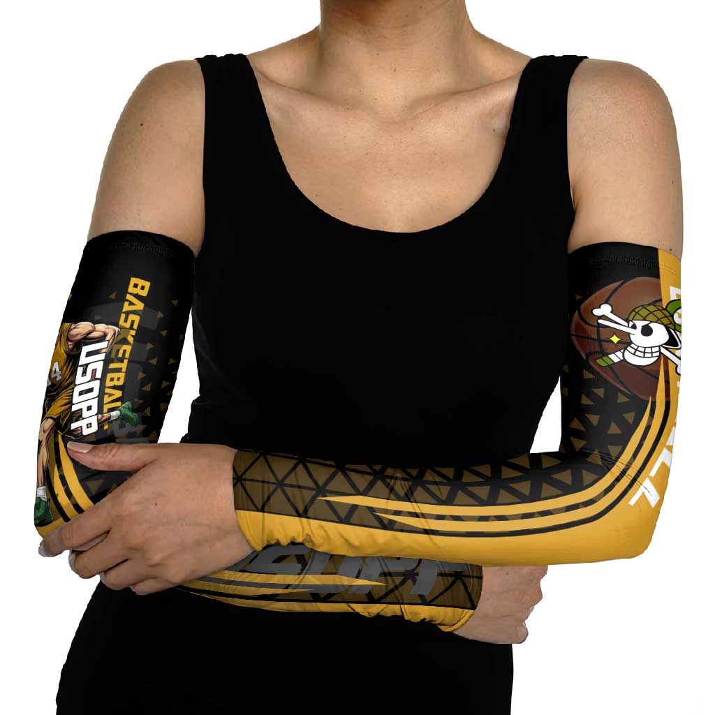 Usopp One Piece Basketball Theme Yellow and Black Design Arm Sleeves with Sniper Emblem and Action Pose - The Mazicc