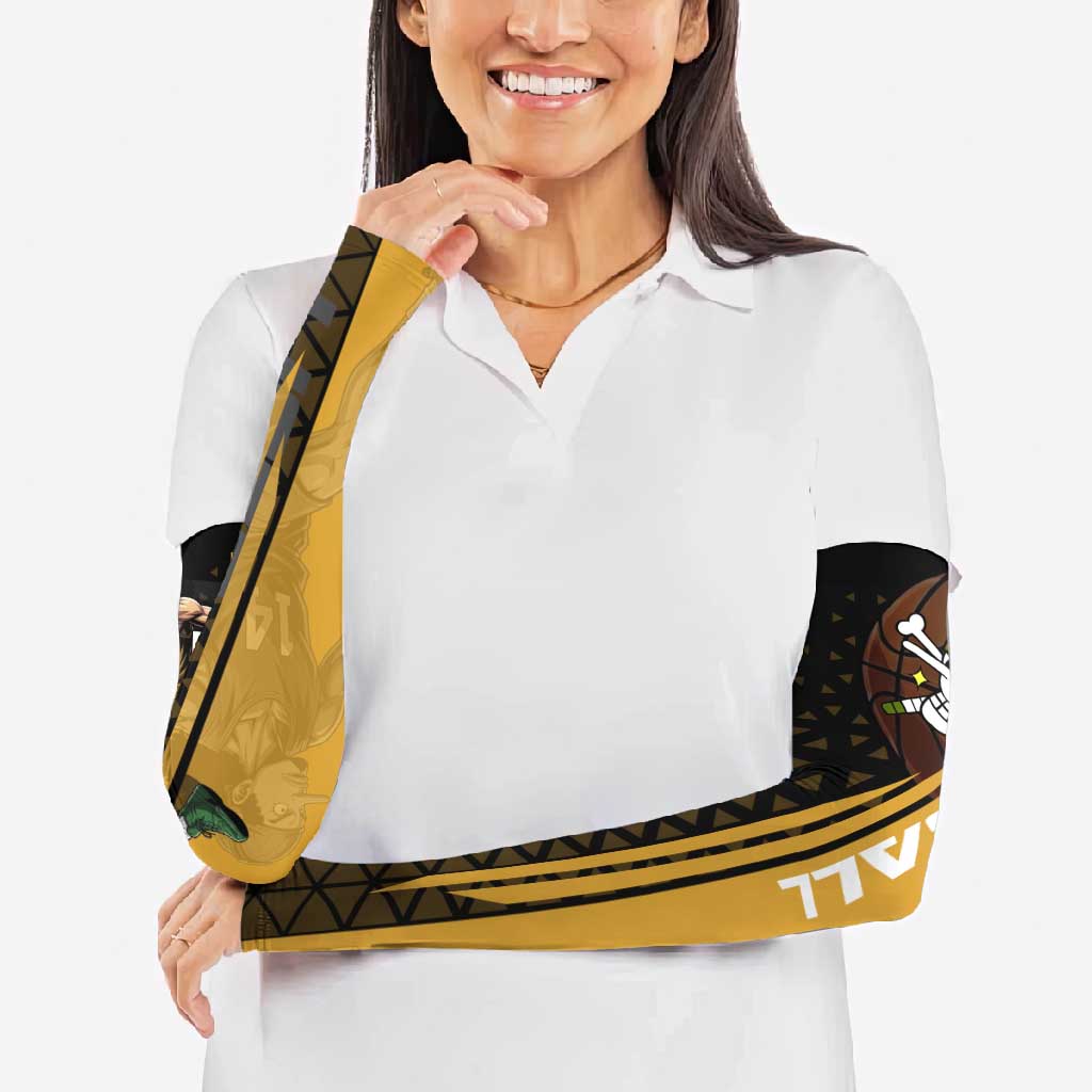 Usopp One Piece Basketball Theme Yellow and Black Design Arm Sleeves with Sniper Emblem and Action Pose - The Mazicc