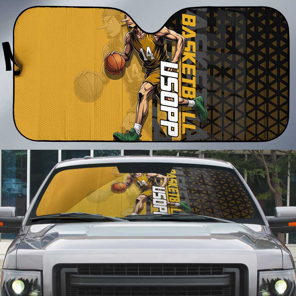Usopp One Piece Basketball Theme Yellow and Black Design Auto Sun Shade with Sniper Emblem and Action Pose - The Mazicc