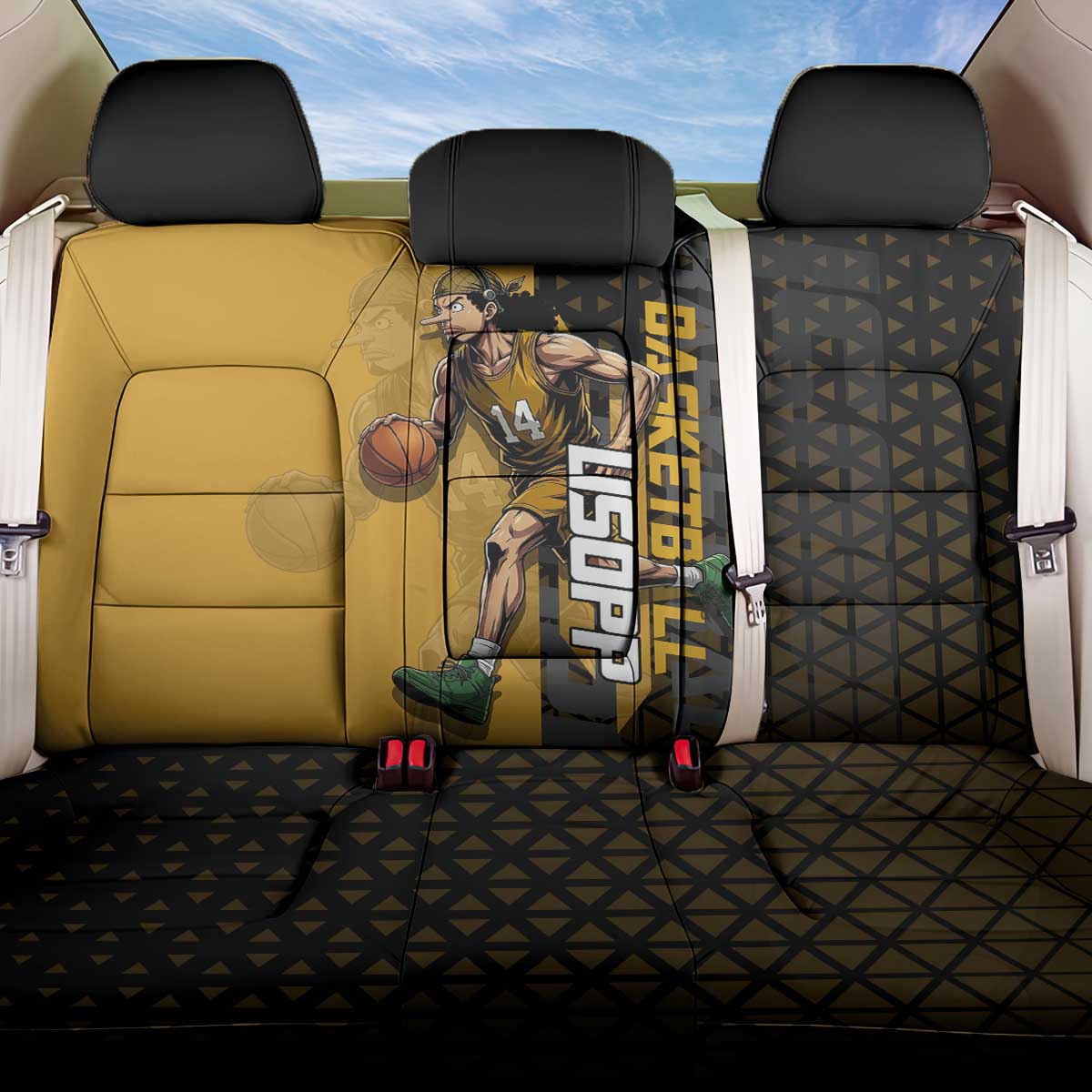 Usopp One Piece Basketball Theme Yellow and Black Design Back Car Seat Cover with Sniper Emblem and Action Pose - The Mazicc
