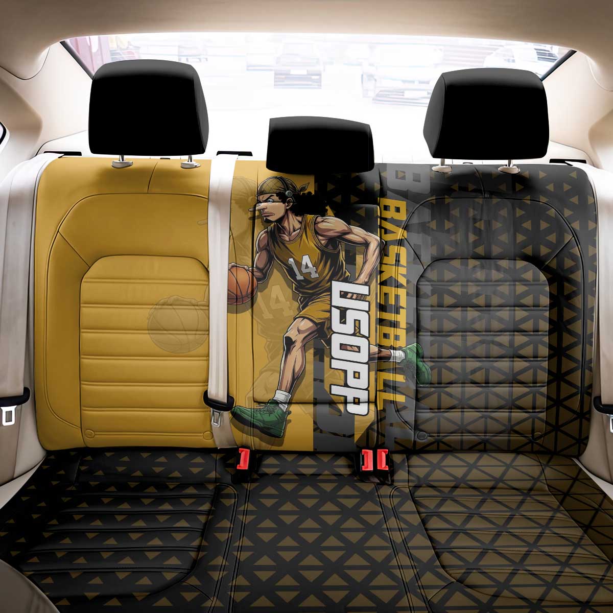 Usopp One Piece Basketball Theme Yellow and Black Design Back Car Seat Cover with Sniper Emblem and Action Pose - The Mazicc
