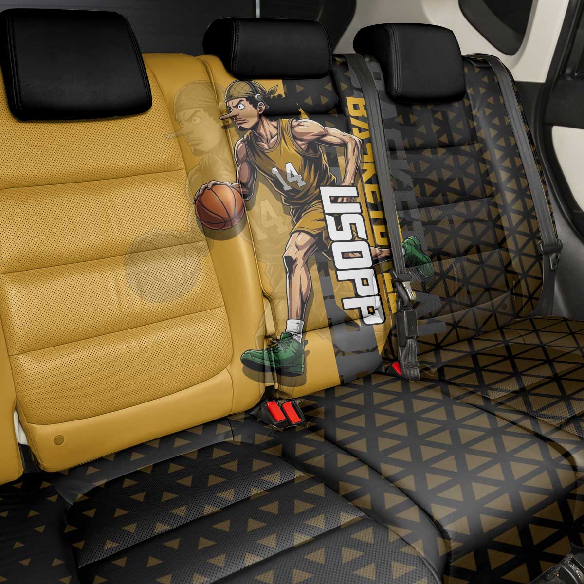 Usopp One Piece Basketball Theme Yellow and Black Design Back Car Seat Cover with Sniper Emblem and Action Pose - The Mazicc
