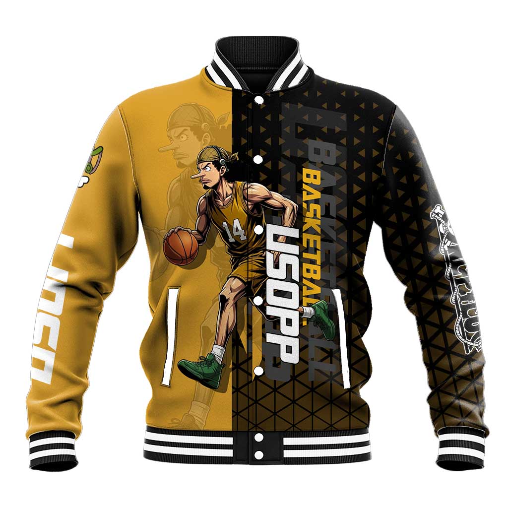 Usopp One Piece Basketball Theme Yellow and Black Design Baseball Jacket with Sniper Emblem and Action Pose - The Mazicc