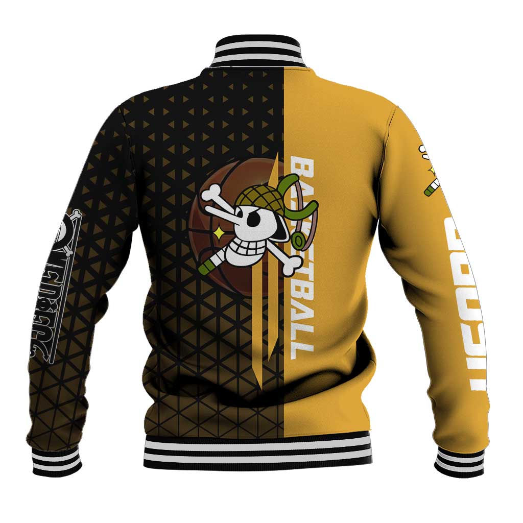 Usopp One Piece Basketball Theme Yellow and Black Design Baseball Jacket with Sniper Emblem and Action Pose - The Mazicc