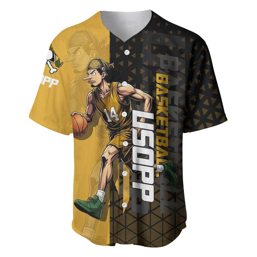 Usopp One Piece Basketball Theme Yellow and Black Design Baseball Jersey with Sniper Emblem and Action Pose - The Mazicc