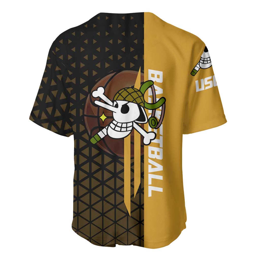 Usopp One Piece Basketball Theme Yellow and Black Design Baseball Jersey with Sniper Emblem and Action Pose - The Mazicc