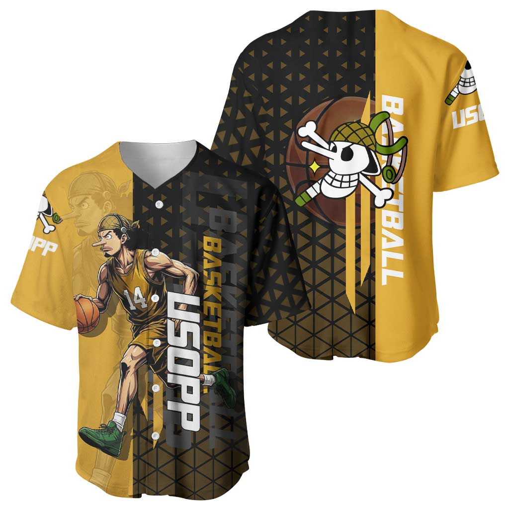 Usopp One Piece Basketball Theme Yellow and Black Design Baseball Jersey with Sniper Emblem and Action Pose - The Mazicc