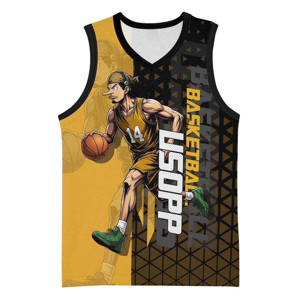 Usopp One Piece Basketball Theme Yellow and Black Design Basketball Jersey with Sniper Emblem and Action Pose - The Mazicc
