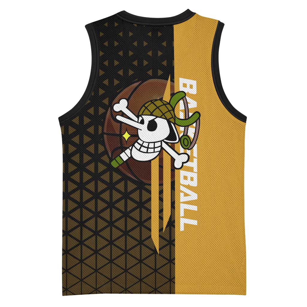Usopp One Piece Basketball Theme Yellow and Black Design Basketball Jersey with Sniper Emblem and Action Pose - The Mazicc
