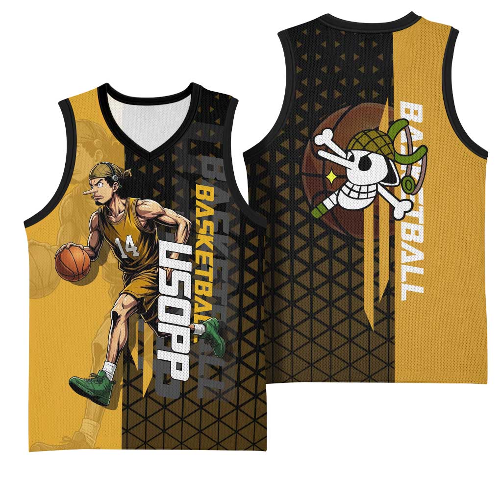 Usopp One Piece Basketball Theme Yellow and Black Design Basketball Jersey with Sniper Emblem and Action Pose - The Mazicc