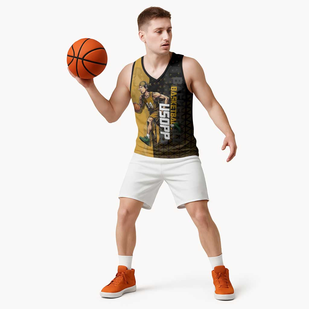 Usopp One Piece Basketball Theme Yellow and Black Design Basketball Jersey with Sniper Emblem and Action Pose - The Mazicc