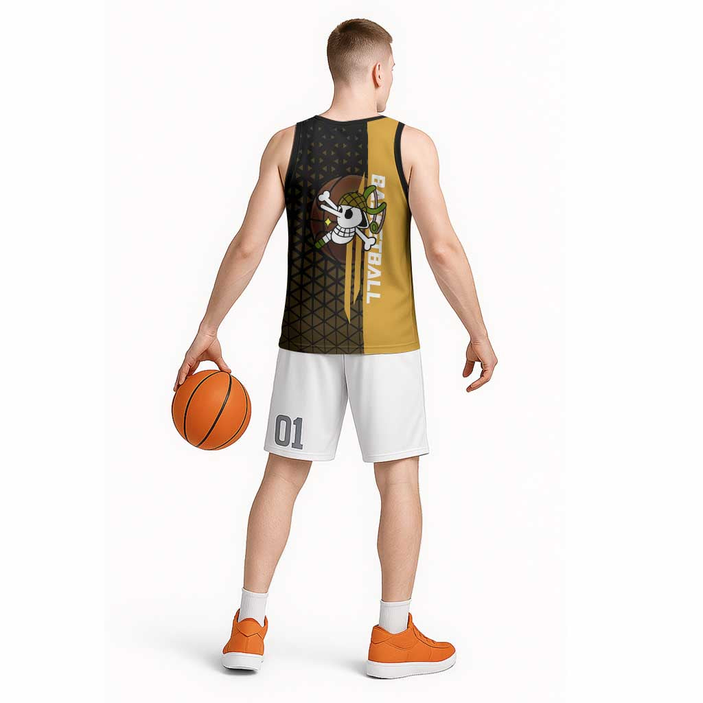 Usopp One Piece Basketball Theme Yellow and Black Design Basketball Jersey with Sniper Emblem and Action Pose - The Mazicc