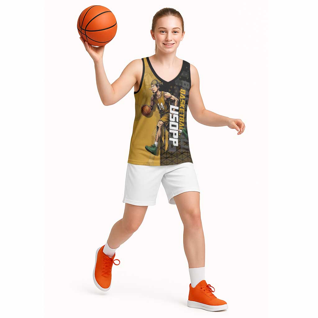 Usopp One Piece Basketball Theme Yellow and Black Design Basketball Jersey with Sniper Emblem and Action Pose - The Mazicc