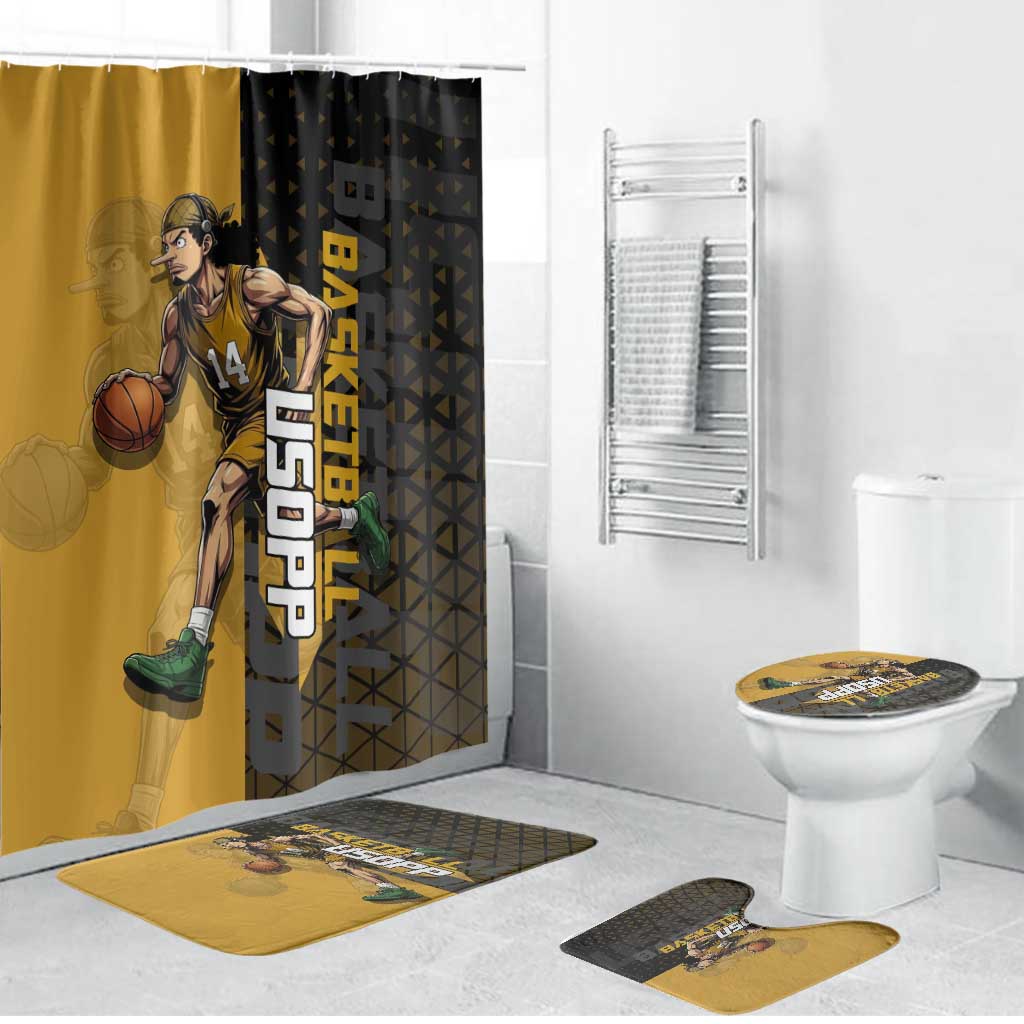 Usopp One Piece Basketball Theme Yellow and Black Design Bathroom Set with Sniper Emblem and Action Pose - The Mazicc