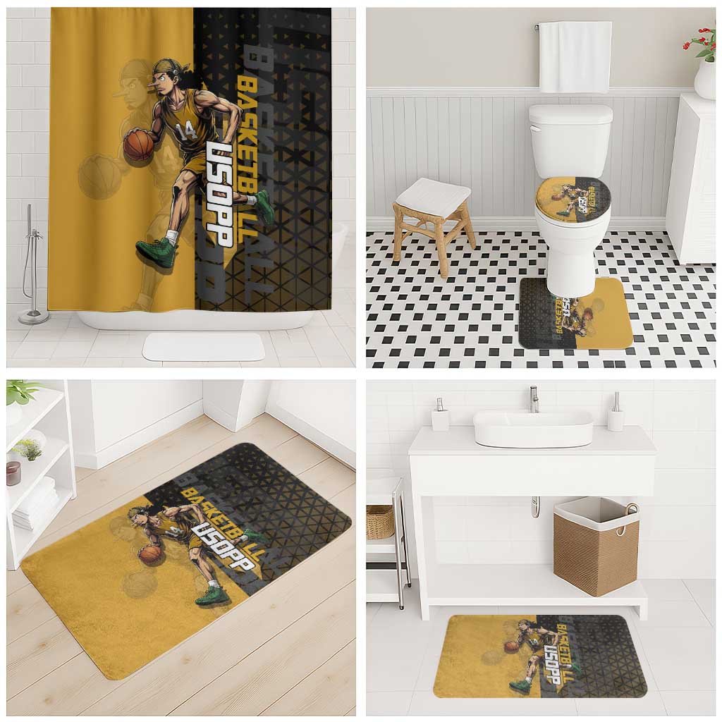 Usopp One Piece Basketball Theme Yellow and Black Design Bathroom Set with Sniper Emblem and Action Pose - The Mazicc