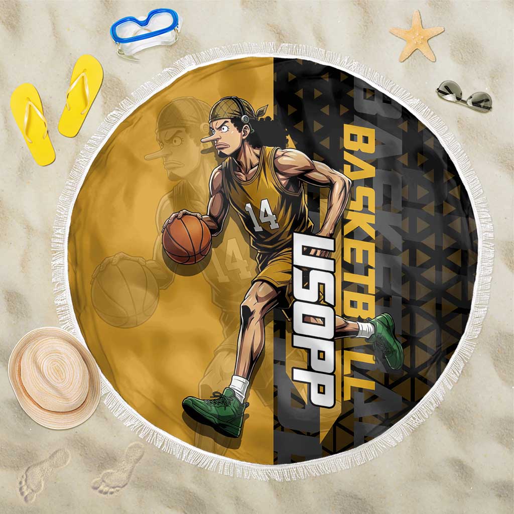Usopp One Piece Basketball Theme Yellow and Black Design Beach Blanket with Sniper Emblem and Action Pose - The Mazicc