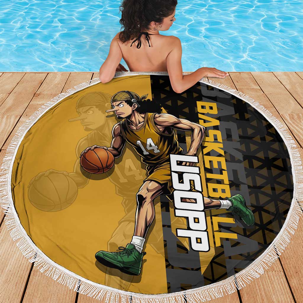 Usopp One Piece Basketball Theme Yellow and Black Design Beach Blanket with Sniper Emblem and Action Pose - The Mazicc